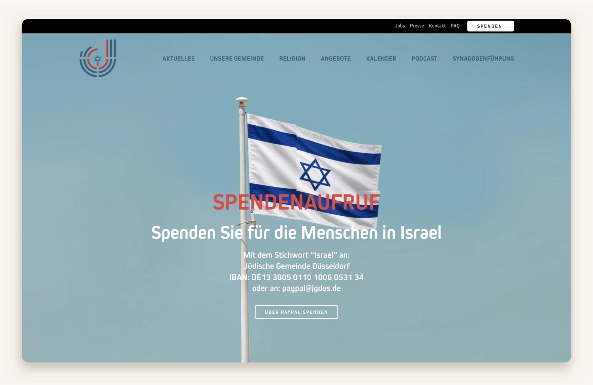 Startseite der Webseite von Jüdische Gemeinde Düsseldorf in der Desktop-Ansicht