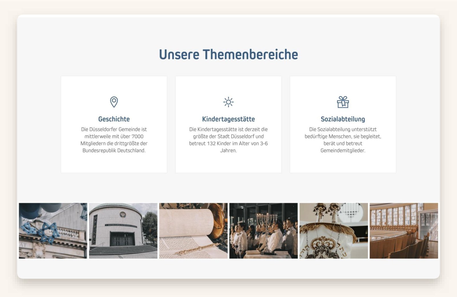 Themenbereiche Geschichte, Kindertagesstätte und Sozialabteilung auf der Webseite der Jüdischen Gemeinde Düsseldorf