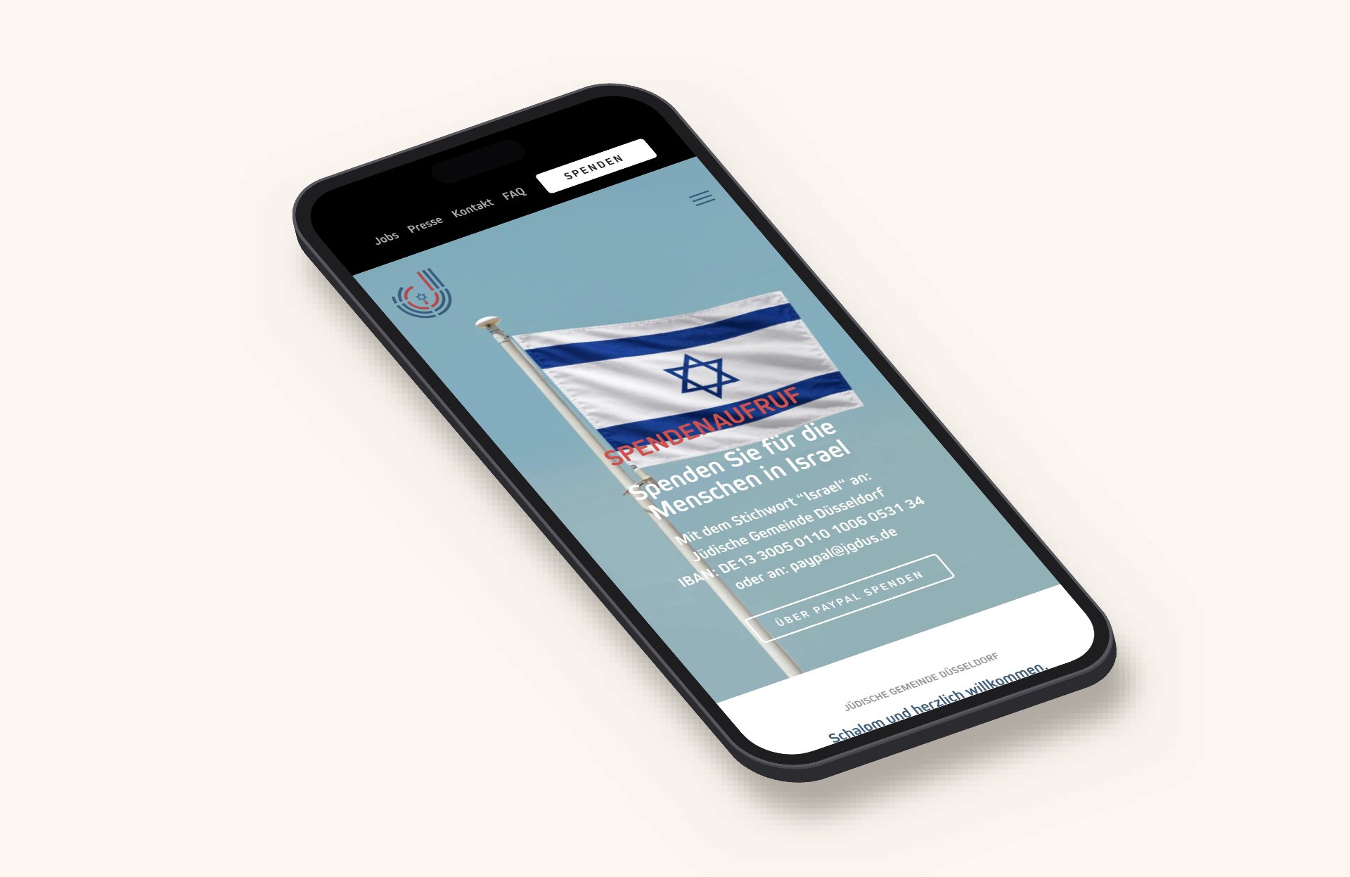 Webseite für die Jüdische Gemeinde Düsseldorf – Jüdische Gemeinde Düsseldorf in der Ansicht auf dem Smartphone