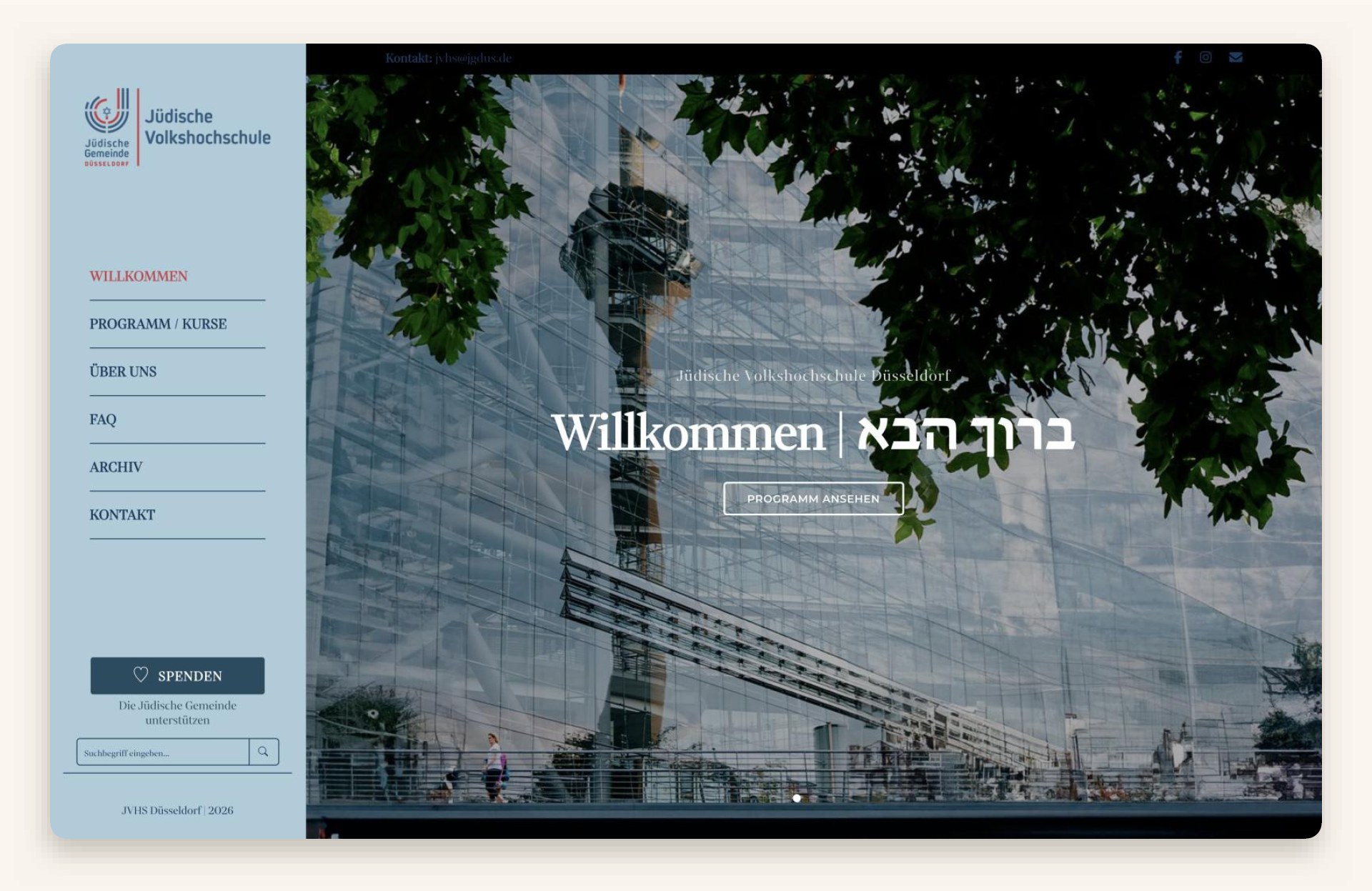 juedische-volkshochschule-duesseldorf-desktop Startseite der Webseite von Jüdische Volkshochschule Düsseldorf in der Desktop-Ansicht