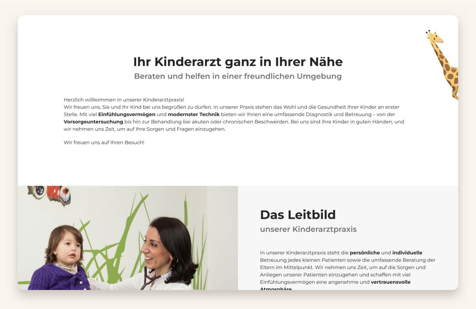 Bereich Leitbild und Begrüßung auf der Webseite der Kinderarztpraxis Arzum Hiller