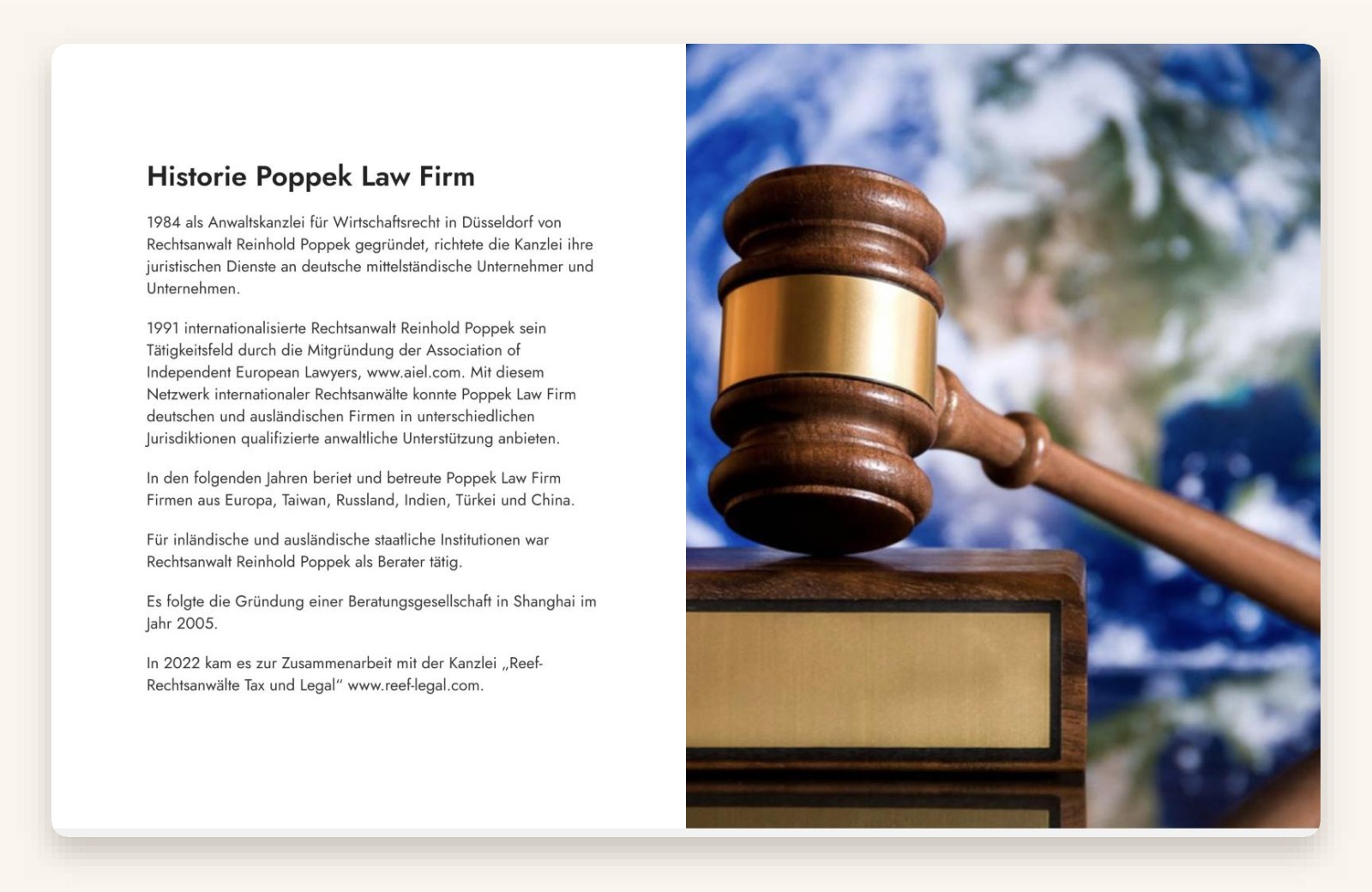 Historie der Poppek Law Firm auf der Kanzlei-Webseite